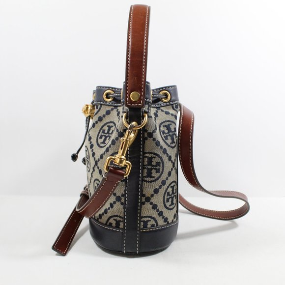 Tory Burch T Monogram Jacquard Bucket Bag - Navy Blue - Picture 2 of 10